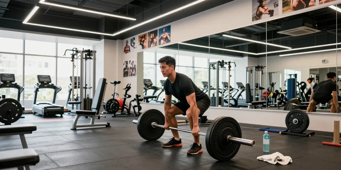 Athletic man lifting weights at Astera Steroids Shop gym, showcasing strength training dedication in a vibrant atmosphere.