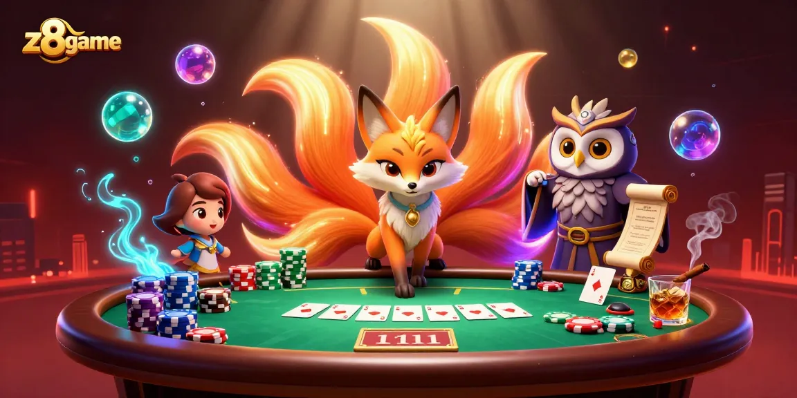 Experience z8game's vibrant casino spirit with a nine-tailed fox, poker action, and colorful gaming elements.