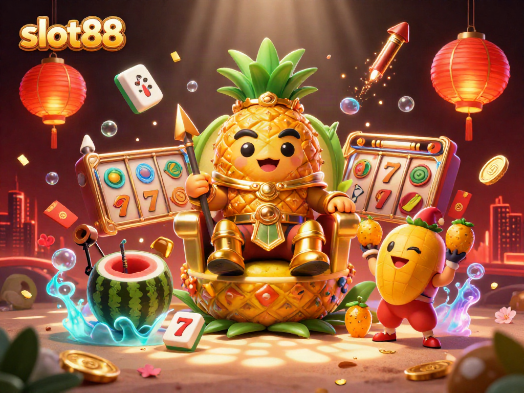 Experience the vibrant slot88 casino scene with the golden pineapple king and colorful themes.