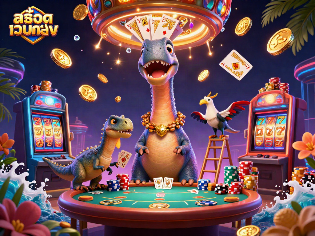 Win big at สล็อตเว็บตรง with a vibrant casino scene featuring a brontosaurus dealer and a raptor!