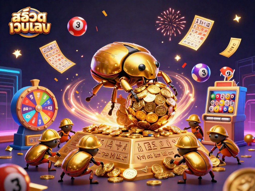 Engage in สล็อตเว็บตรง excitement with colorful prizes, golden coins, and dynamic lottery elements.