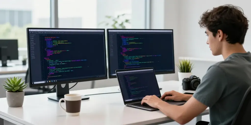 Developer coding open-source apps at workspace, highlighting h5.2113.net.