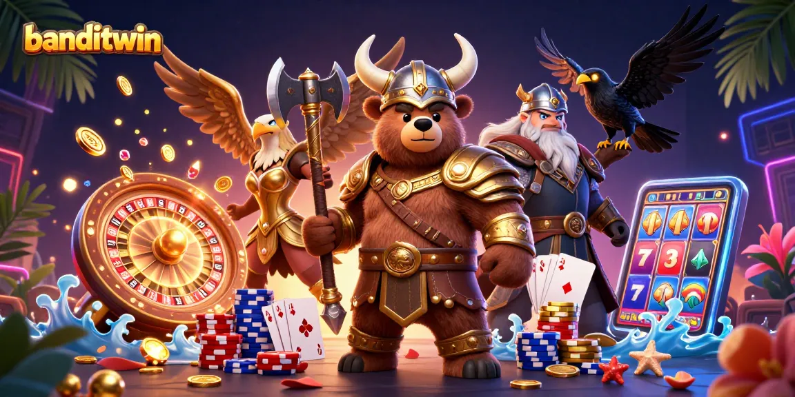 Banditwin merayakan kemenangan dengan karakter kasino dalam ilustrasi 3D yang bersinar