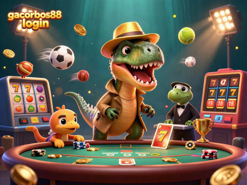 Experience the excitement of gacorbos88 login with a thrilling 3D casino scene featuring lively characters and slot machine elements.