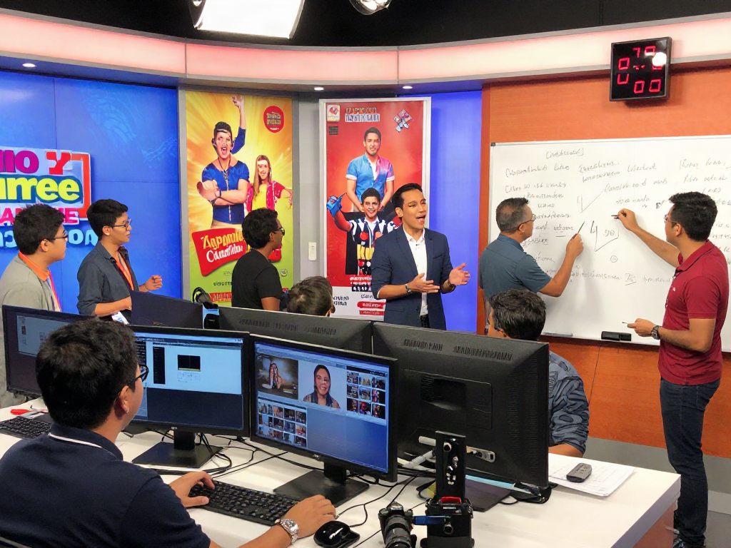 Live broadcast team creating exciting content for kapamilyachannel.com in a vibrant studio.