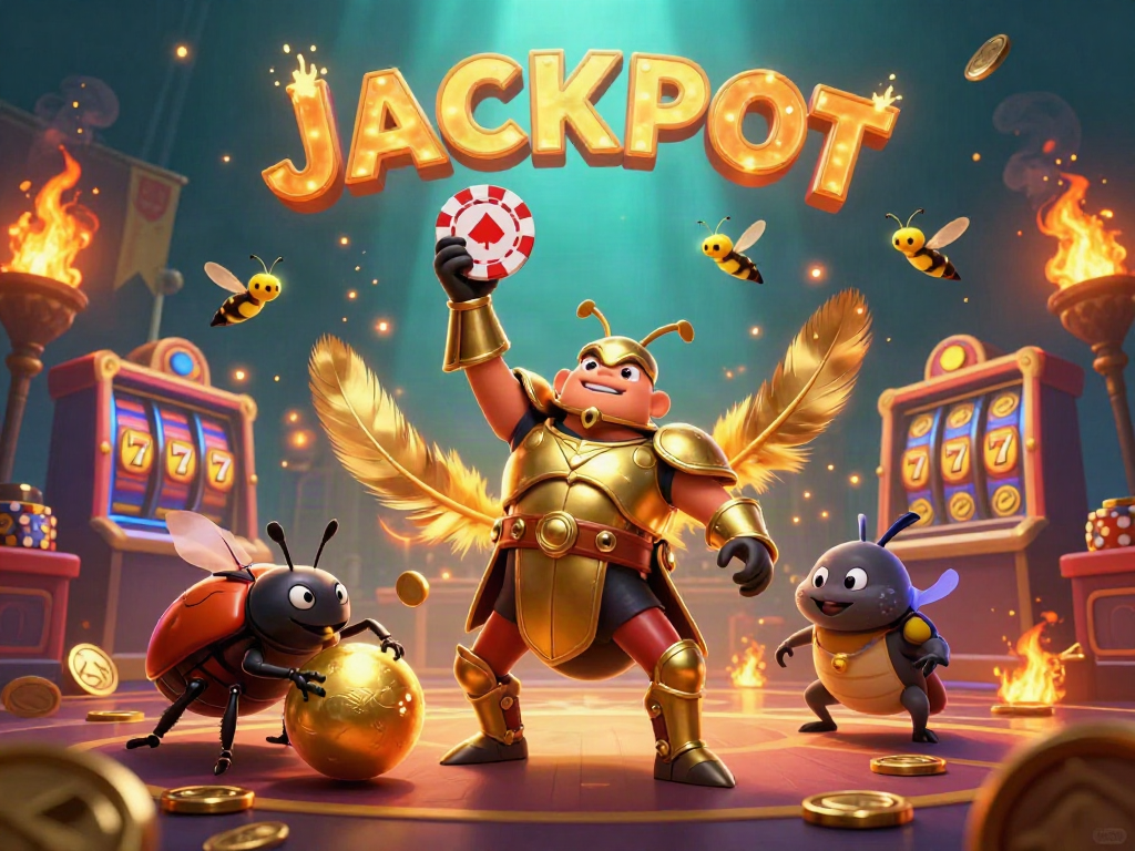 Ilustrasi dewa slot yang menampilkan serangga dalam armor emas, simbol jackpot, dan lingkungan kasino yang dinamis.
