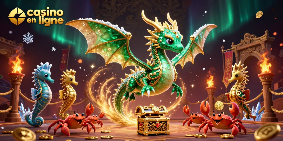 Vivez la magie du casino en ligne avec un dragon de mer, des hippocampes gardiens et un coffre au trésor dans une illustration dynamique.