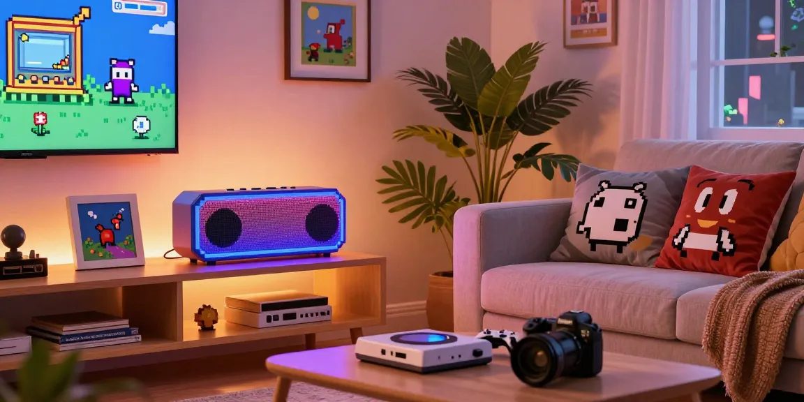 Vibrant pixel art speaker in a cozy living room filled with retro gaming decor.