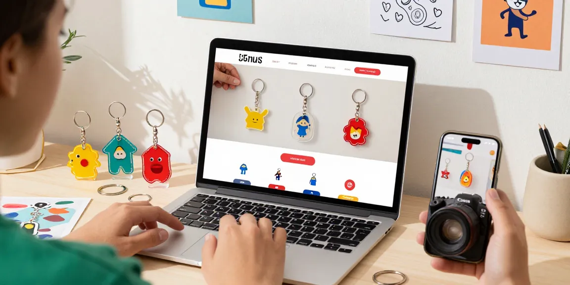 Shopping personalized keychains online with colorful designs and customization options.