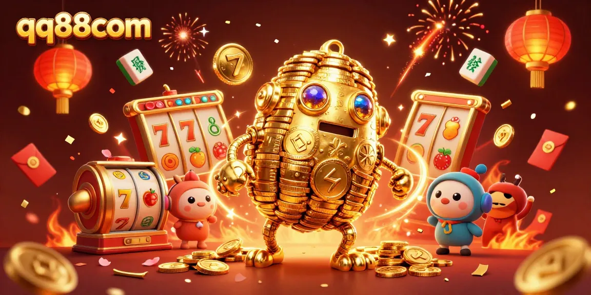 Engage with qq88com's thrilling slots through a vibrant, animated gold golem and festive elements.