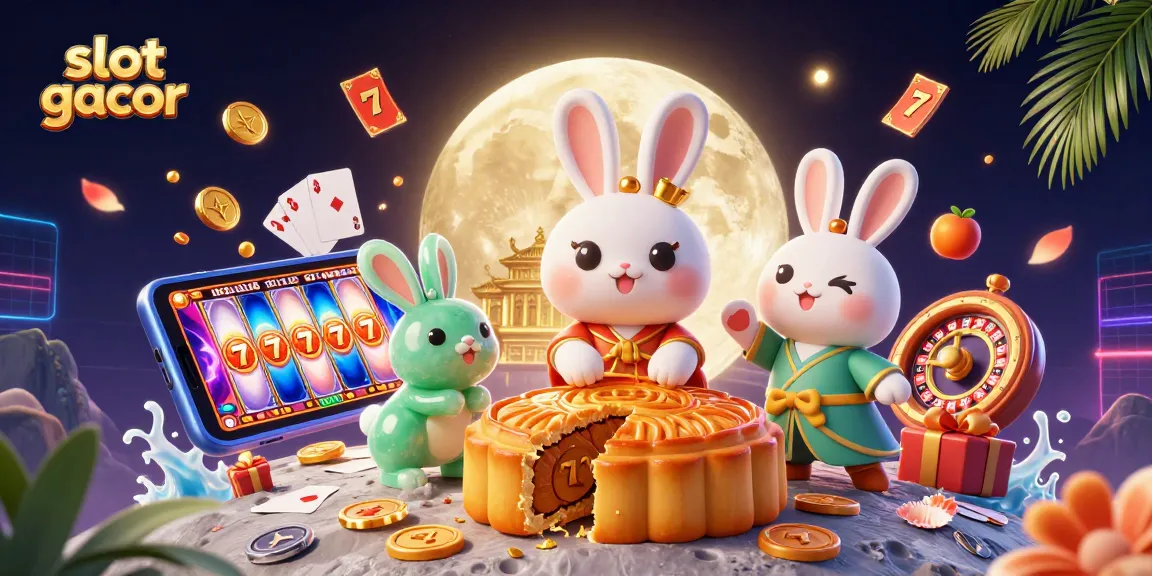 Slot gacor menghadirkan ilustrasi luar biasa tentang kelinci bulan yang memukul kue bulan emas dengan simbol slot, koin, dan kartu yang menyebar.