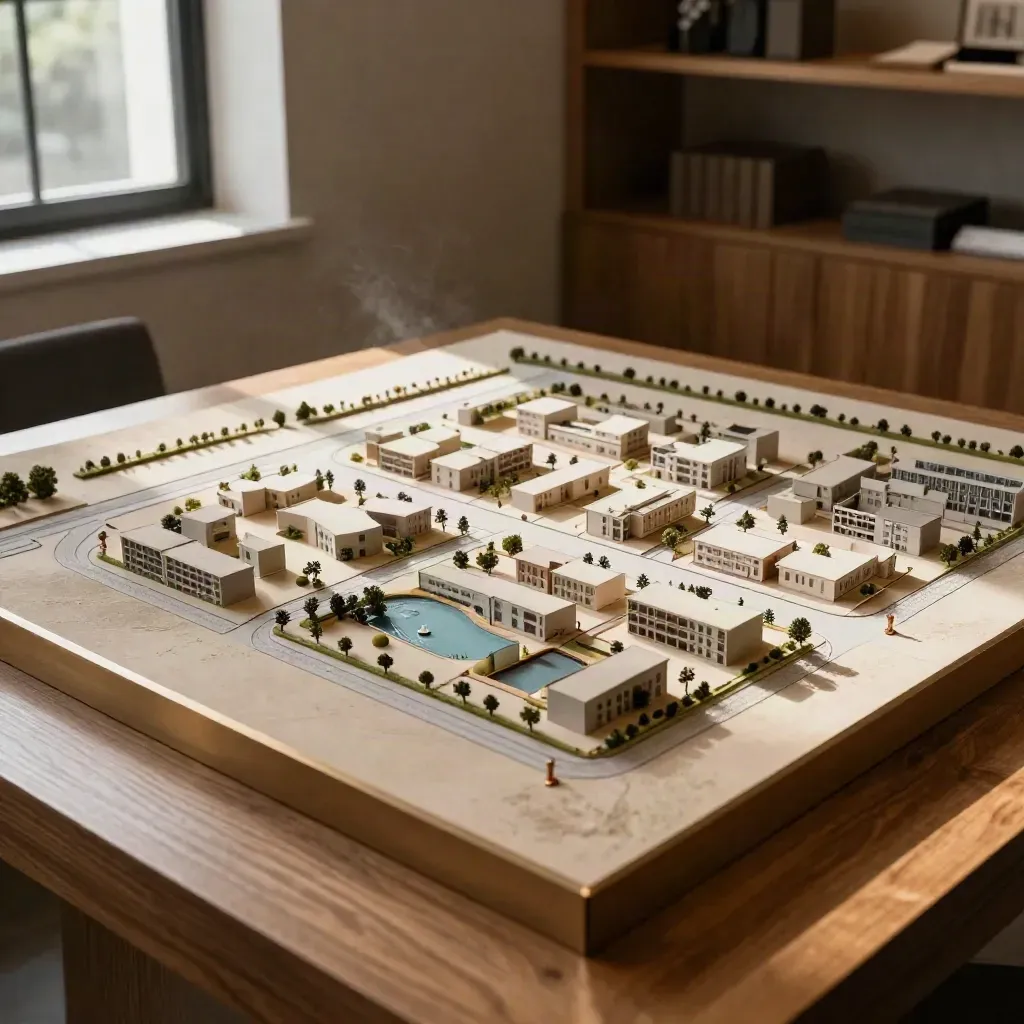Top-down estate masterplan model with roads, plot blocks, pond and verges on a warm timber table.