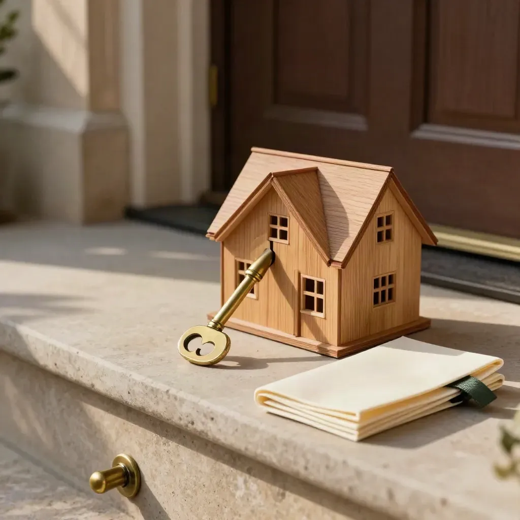 Brass key, cedar house model and support pack on a stone console by a front door