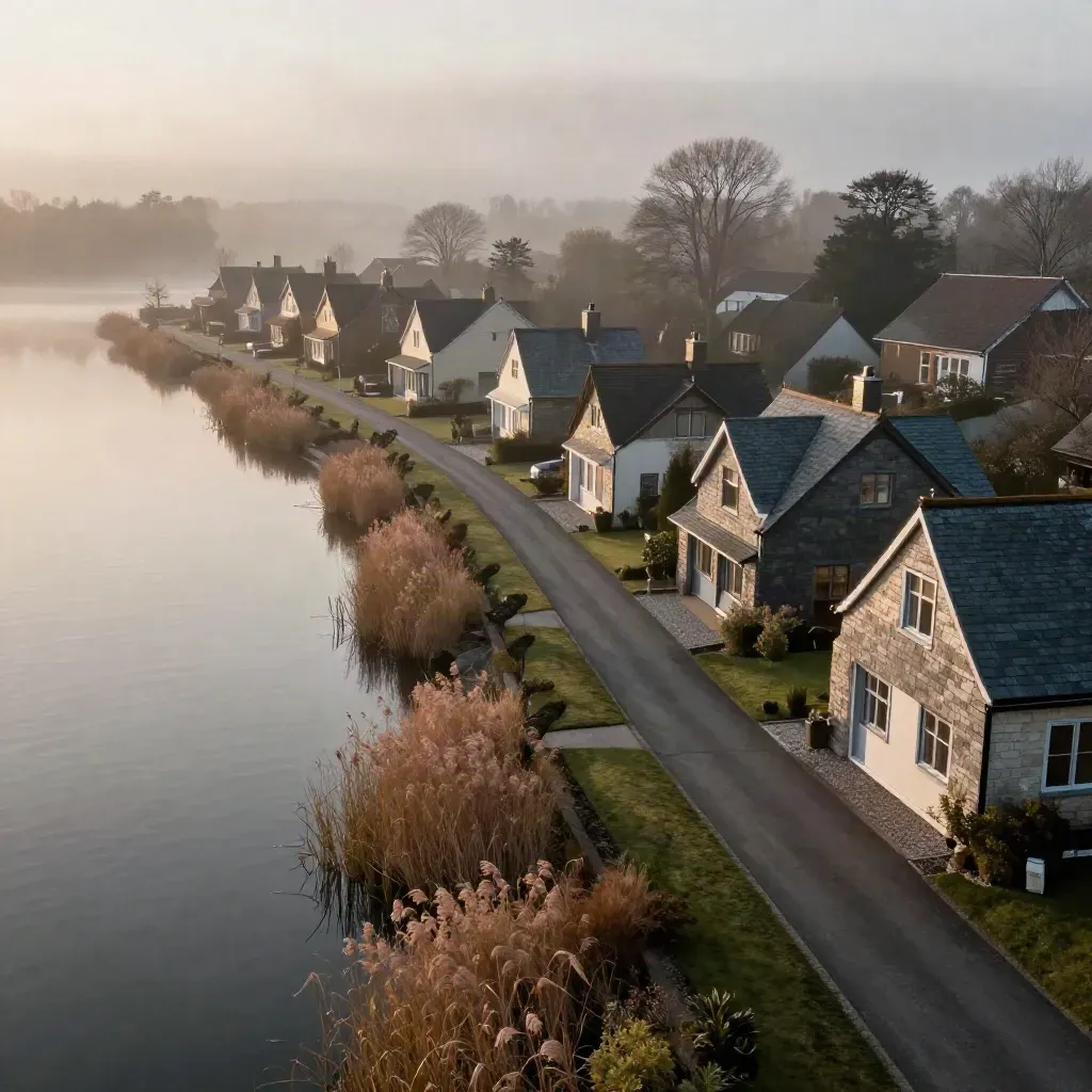 Completed lakeside homes and road reflected in misty dawn water