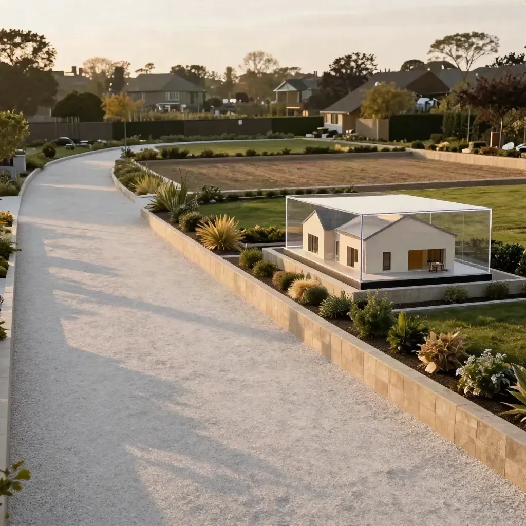 Sales-ready estate parcel with gravel paths, model house display, and landscaped plot edges at dusk