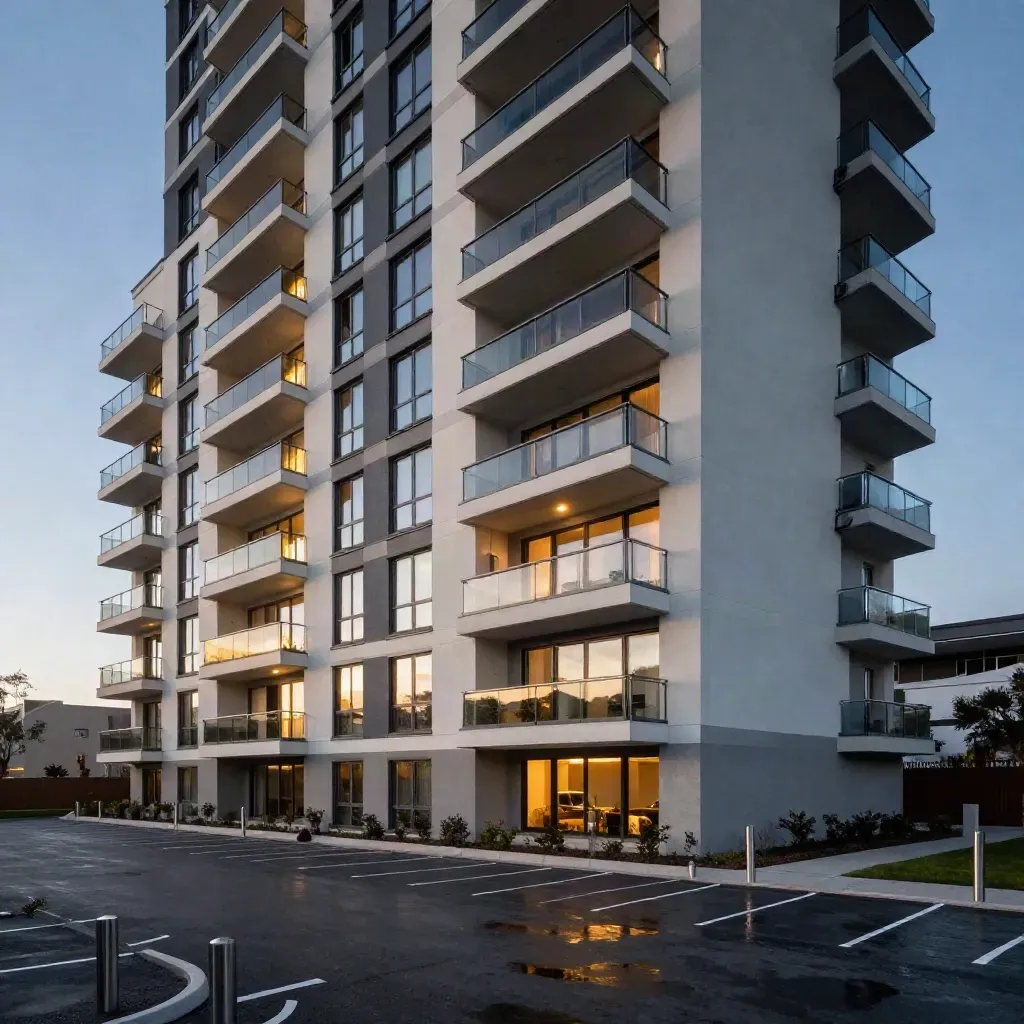 Lit apartment block at blue hour above an empty car park, seen diagonally from the roofline.