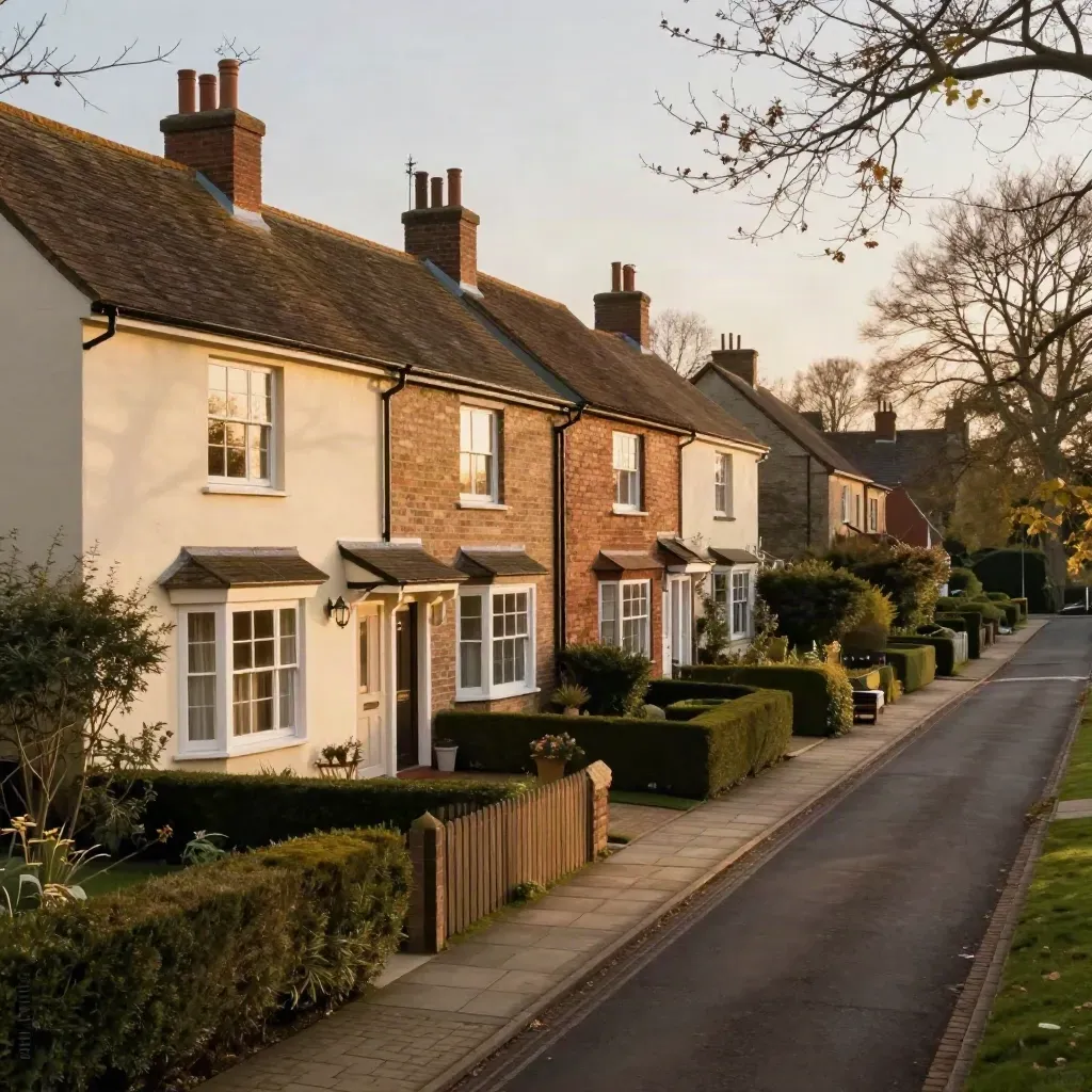 Finished family homes on a leafy lane with warm windows and brick paths at dusk