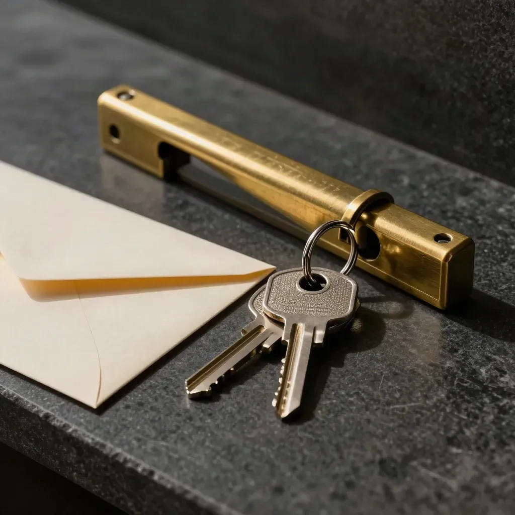 Brass key ring and door latch sample beside a cream envelope sleeve on dark stone, lit dramatically.