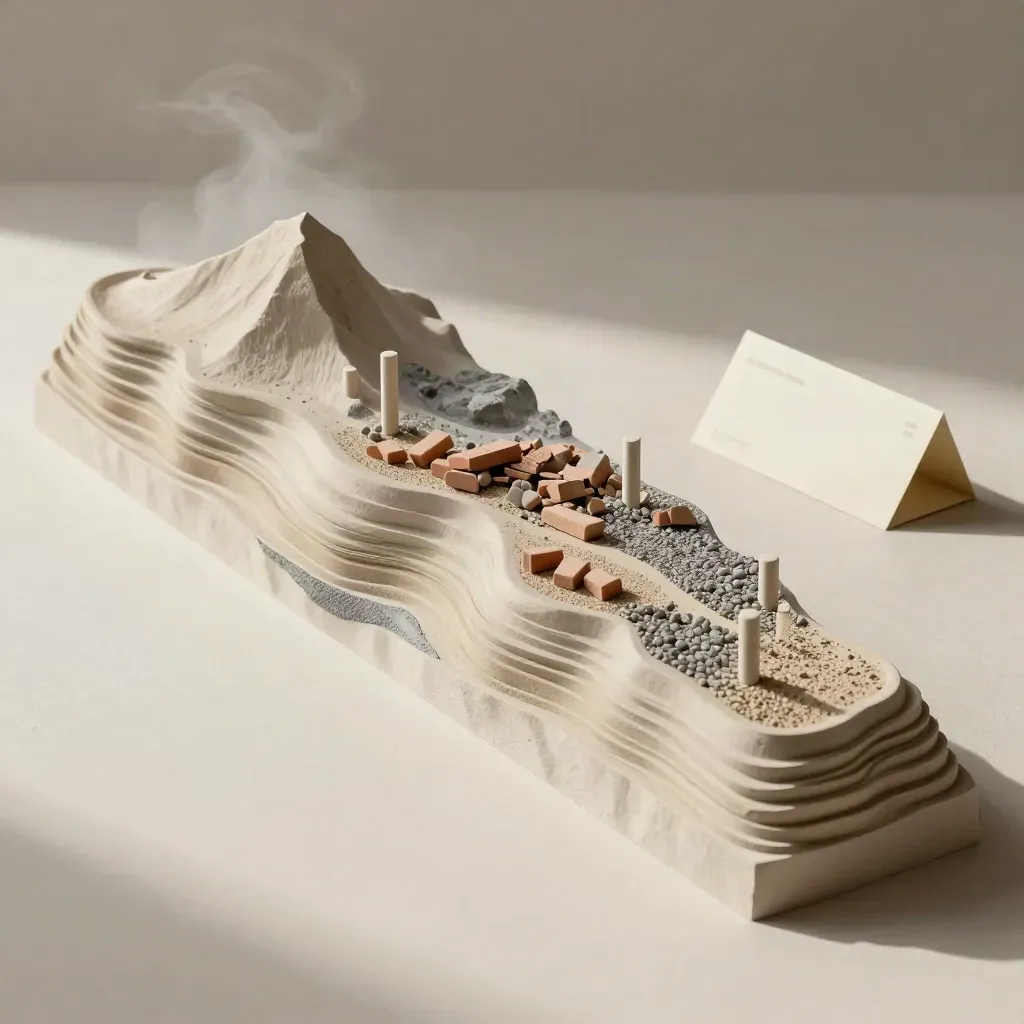 Topographic site model with chalk pegs and sandstone chips on a cream plaster surface