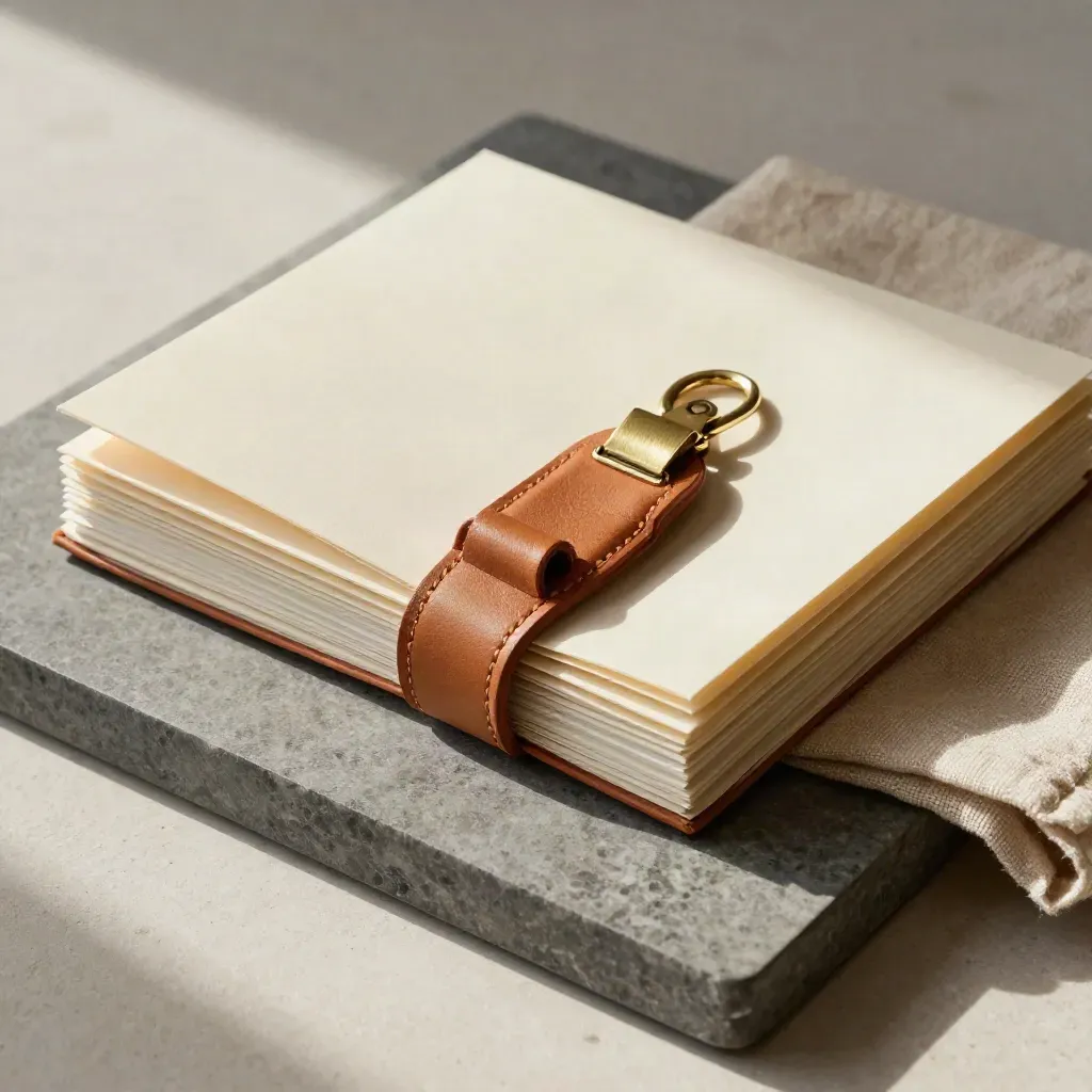 Cream folders, brass clips, and leather key fobs on a limestone tray.