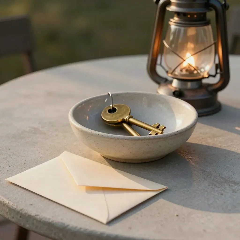 Brass keys and a glowing porch lantern beside a cream envelope and key bowl on pale concrete.