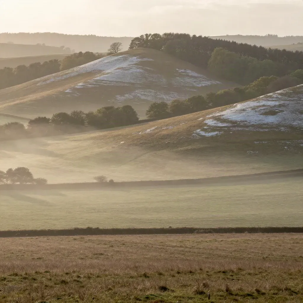 Hazy chalk hills and beech woods of the Surrey Hills after rain at golden hour.