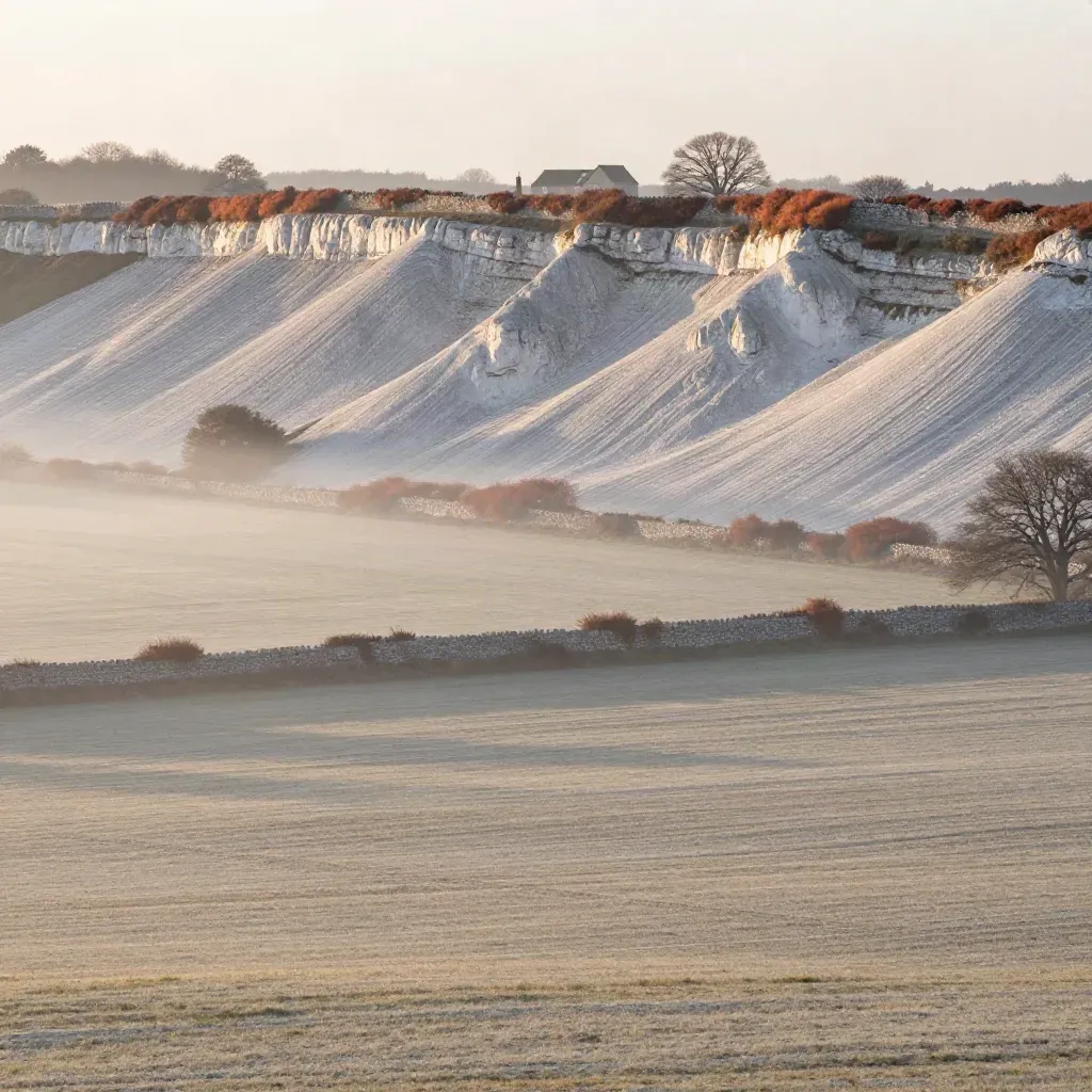 Hampshire Downs chalk escarpment in morning fog with hedgerows and a distant farmhouse roofline.