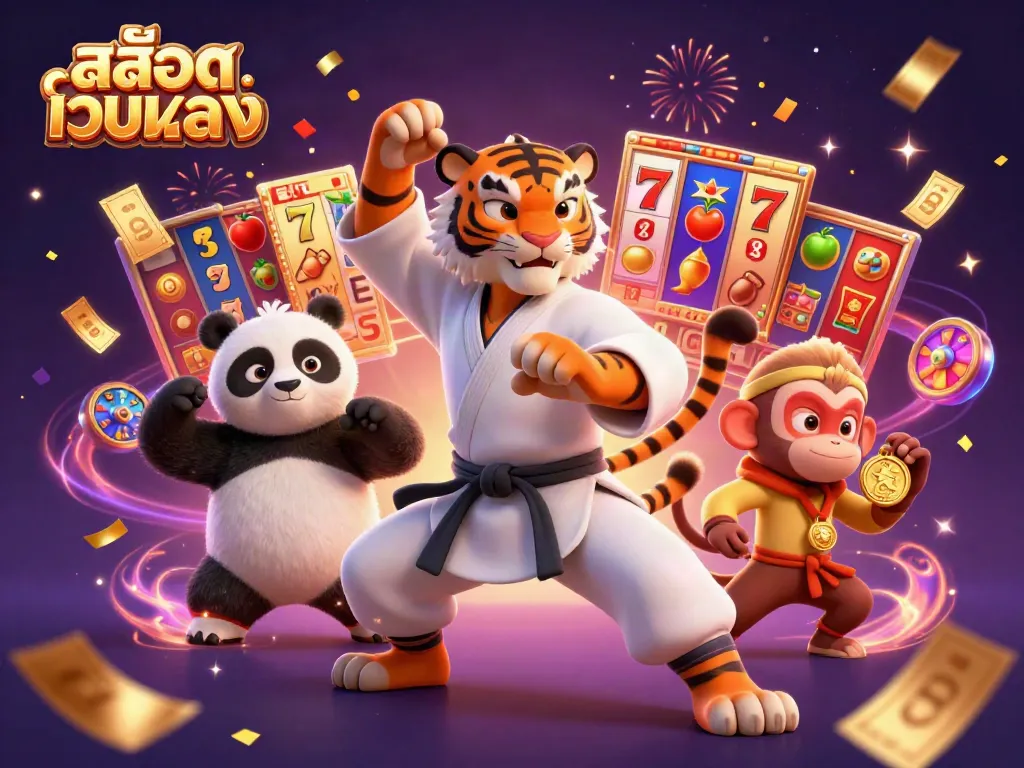 ภาพการเล่นเกมสล็อตเว็บตรงที่มีเสือ หลวงจีน และลิง ที่สื่อถึงความสนุกและความตื่นเต้นในการเล่นพนัน