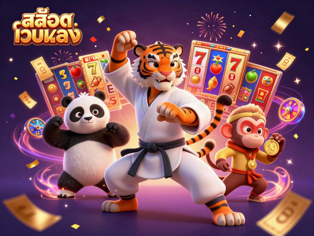 ภาพการเล่นเกมสล็อตเว็บตรงที่มีเสือ หลวงจีน และลิง ที่สื่อถึงความสนุกและความตื่นเต้นในการเล่นพนัน