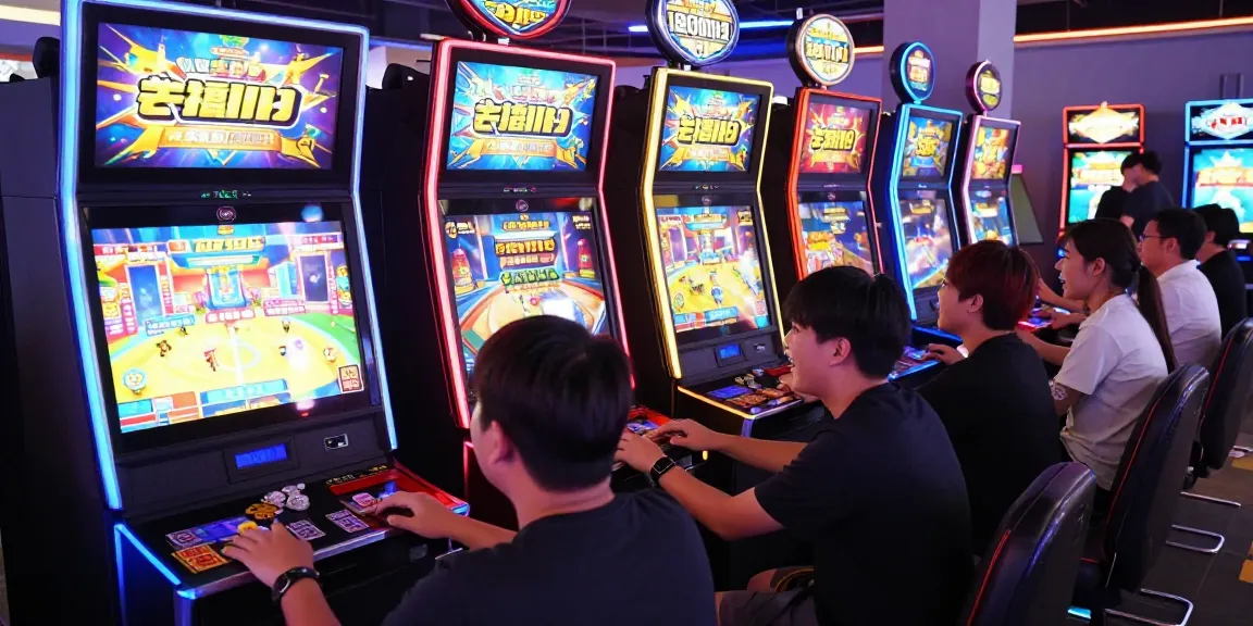 Pengunjung bersemangat bermain slot gacor di lounge game modern dengan mesin slot berwarna-warni.