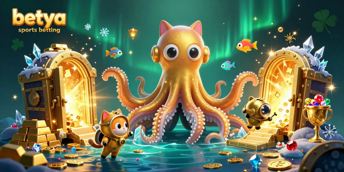 Betya sports betting illustration with a kraken and diving cat, capturing vibrant casino elements.