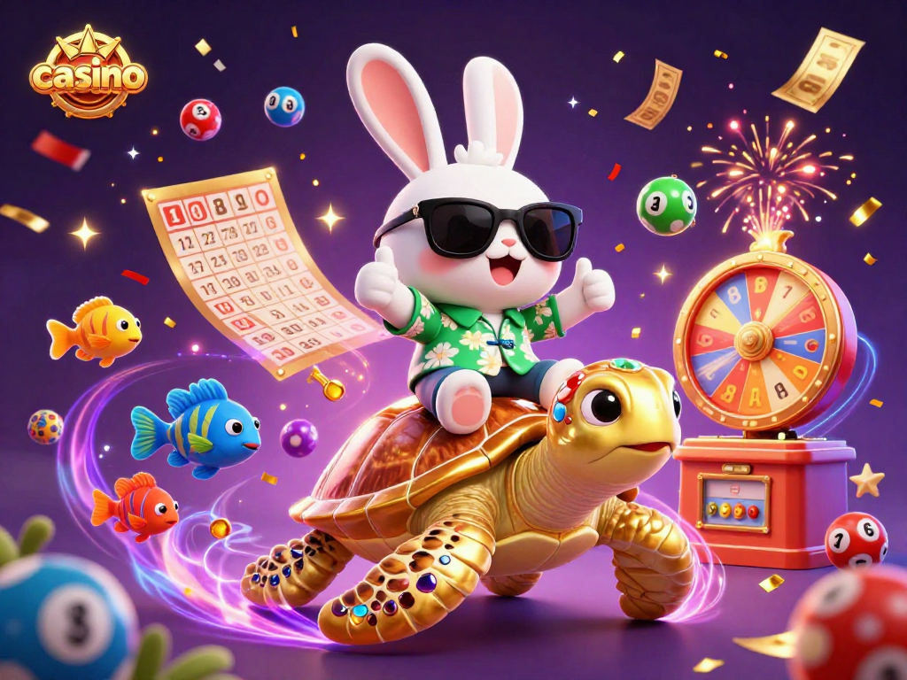 Experience the thrill of casino excitement with colorful bouncing lottery balls and characters.