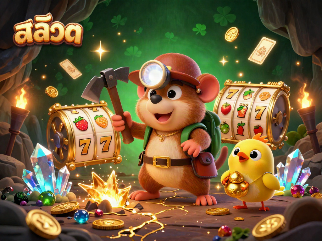 Engaging illustration of a treasure hunter mole and canary companion exploring a glowing cave representing สล็อต gaming excitement.