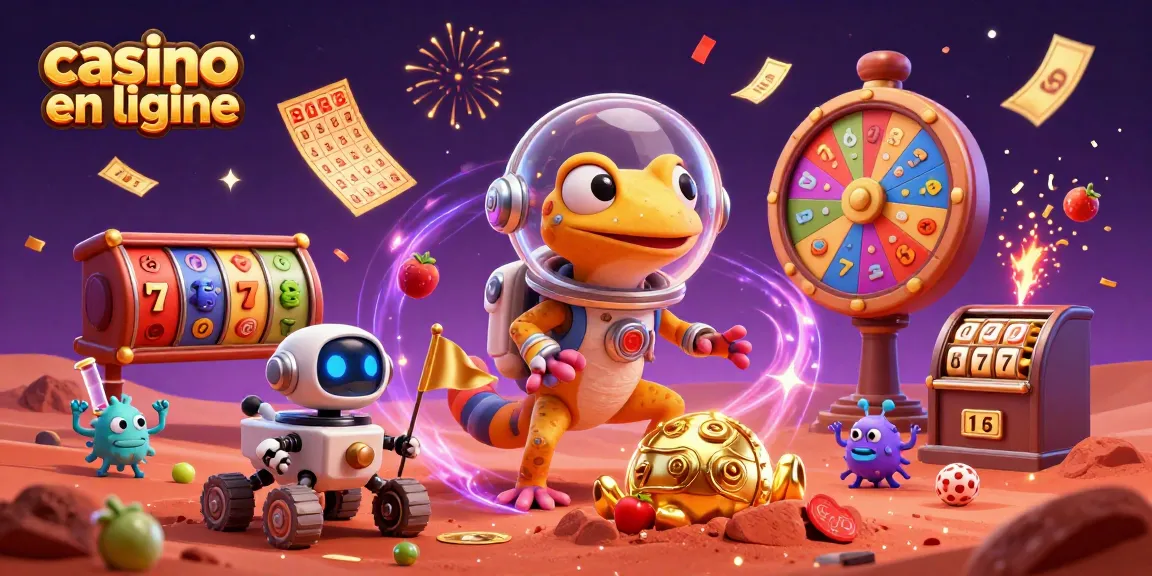 Gagnez au casino en ligne avec un gecko intergalactique découvrant un casino doré sur Mars.