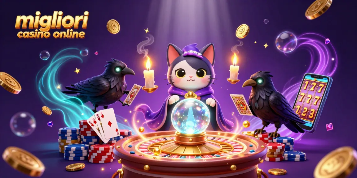 Migliori casino online: un gatto magico, un corvo e candele danzanti, attorno a monete d'oro e giochi da casinò.