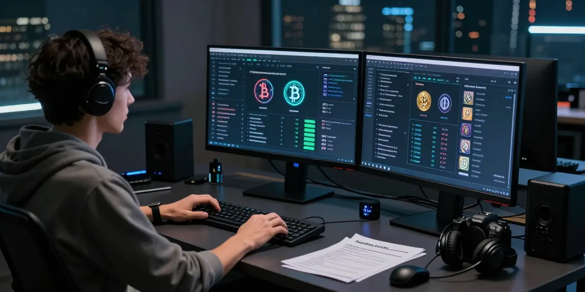 Best Darknet Markets 2026 analysis scene showing a person viewing multiple market dashboards and cryptocurrency data in a tech-inspired workspace.