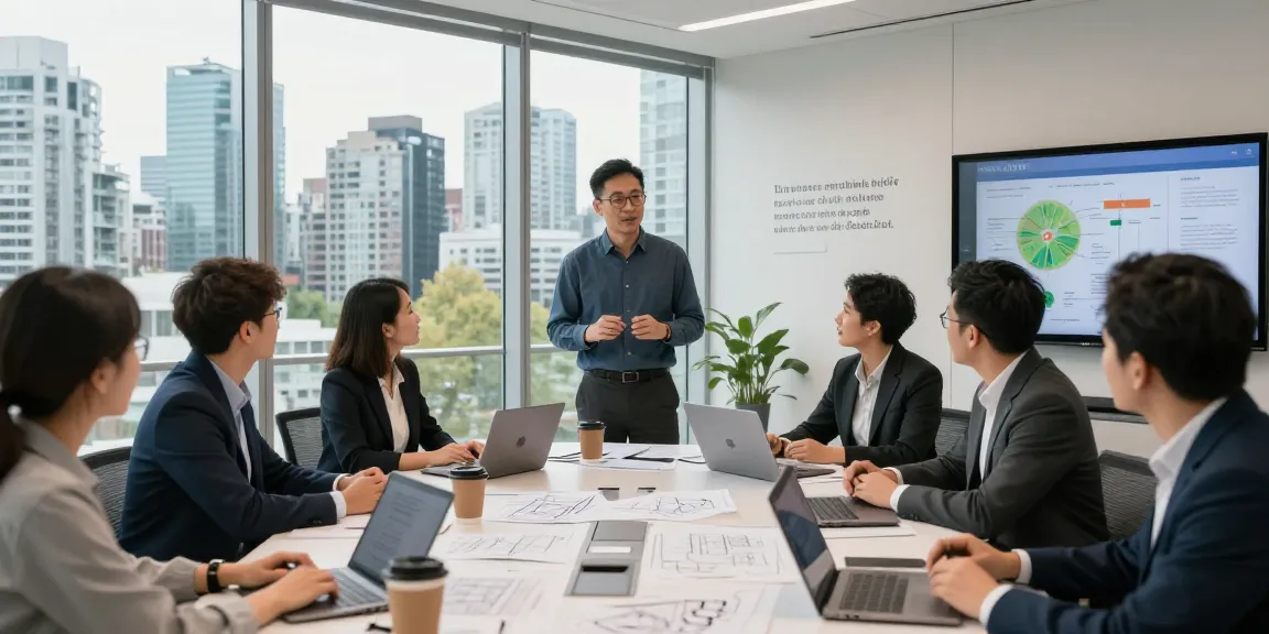 Terry Hui leading a team discussion in a modern office with a view of Vancouver's skyline.