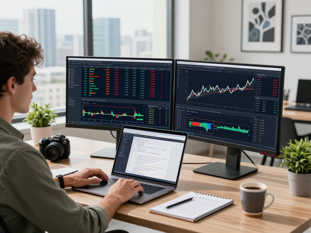 Dynamic coding workspace showcasing agricultural high frequency API with real-time forex trading data and technical analysis tools.
