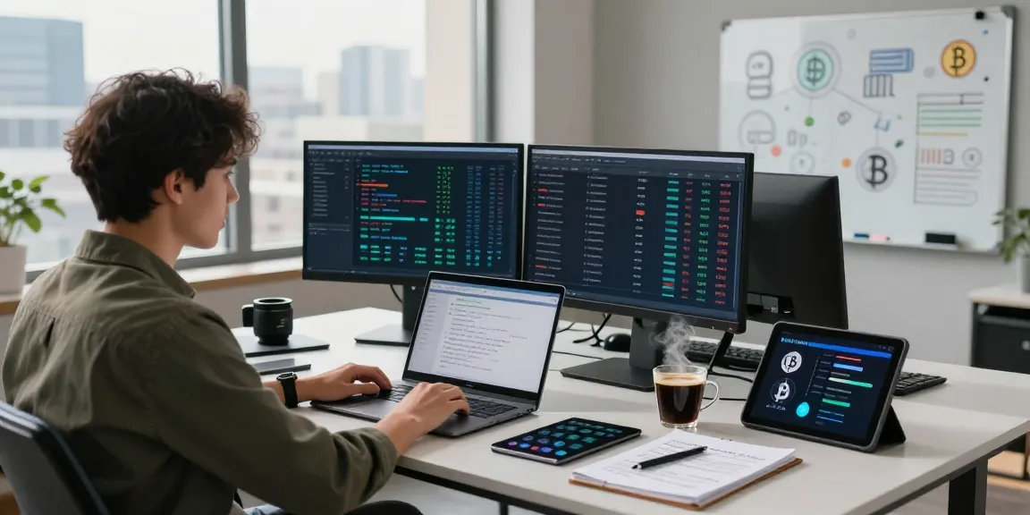 Expert recovering lost crypto in a modern tech workspace with monitors, analytics, and blockchain data.
