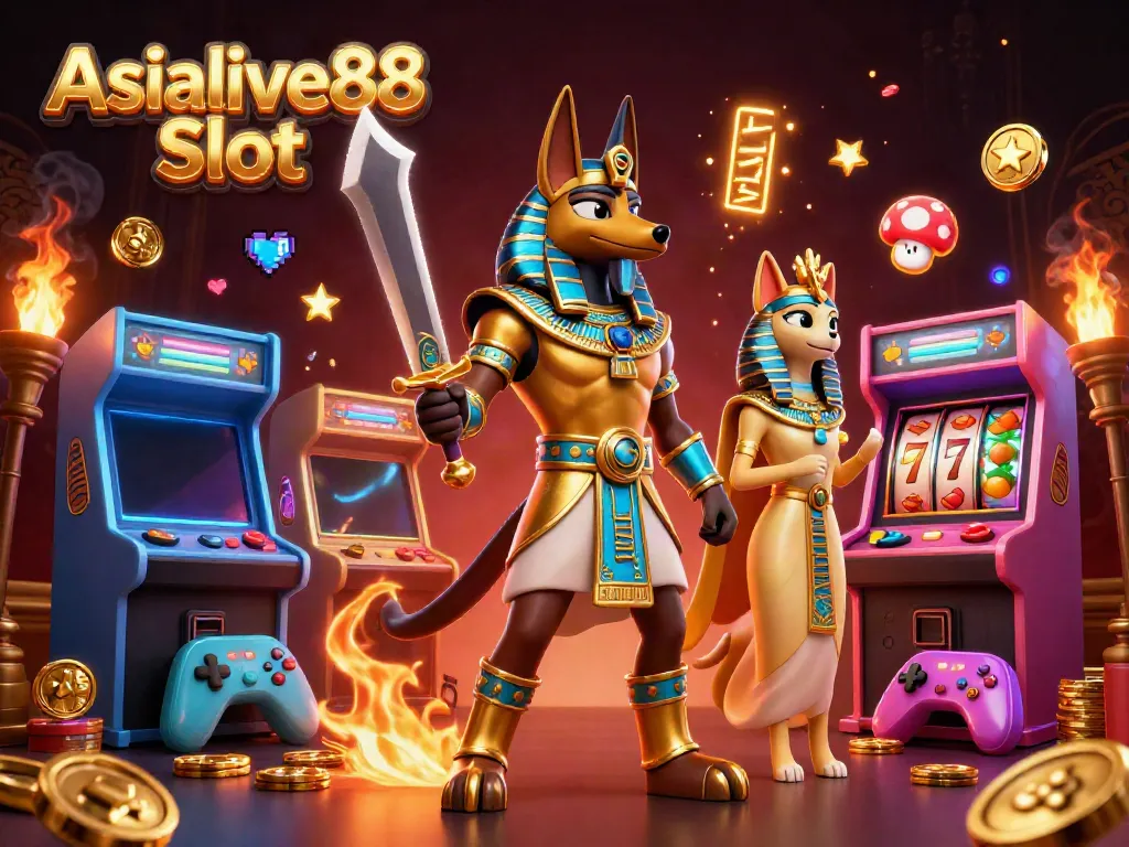 Play thrilling Asialive88 Slot with ancient Egyptian warriors and magical gaming elements in a vibrant casino scene.