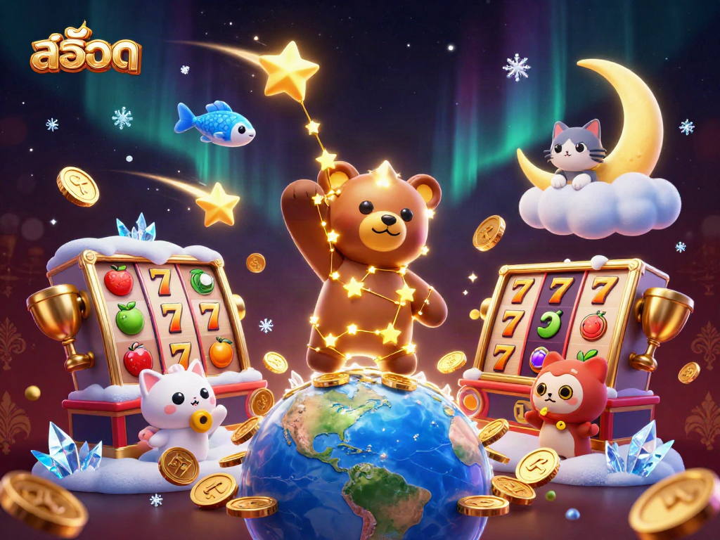 Scoop up coins with สล็อต symbols as a constellation bear amidst vibrant casino elements.
