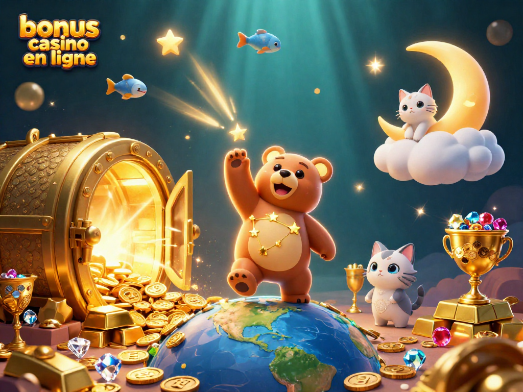 Profiter des bonus de casino en ligne avec une scène riche en jeux et trésors scintillants.