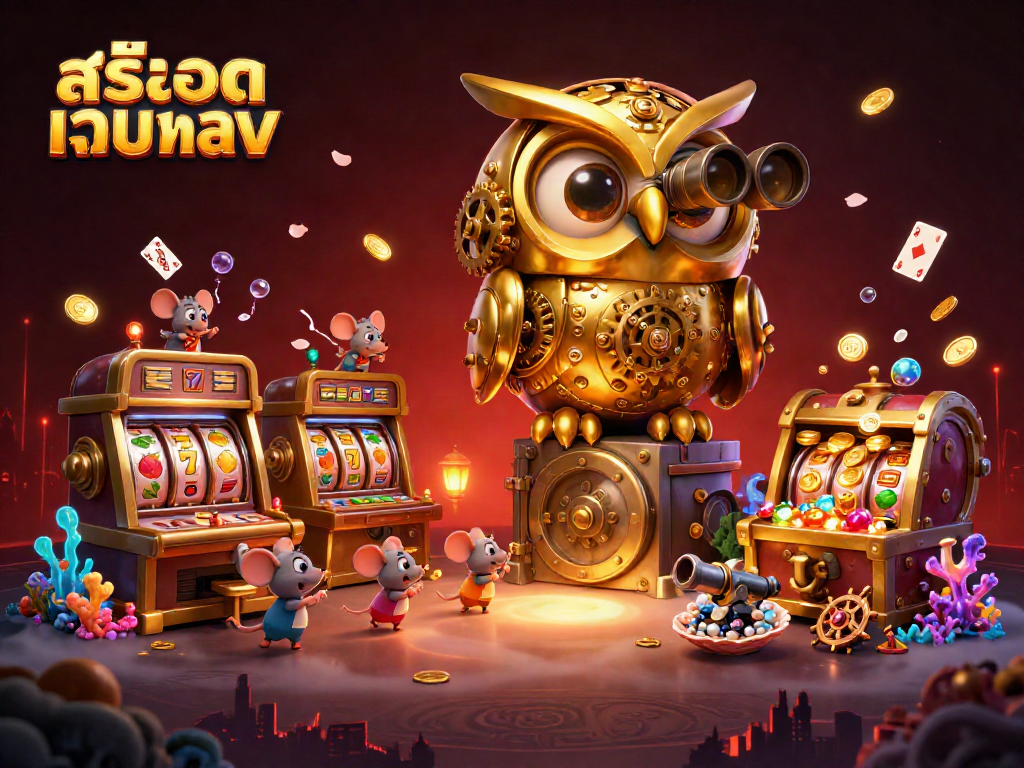 Experience thrilling gameplay with สล็อตเว็บตรง as the golden owl oversees a vibrant casino scene.
