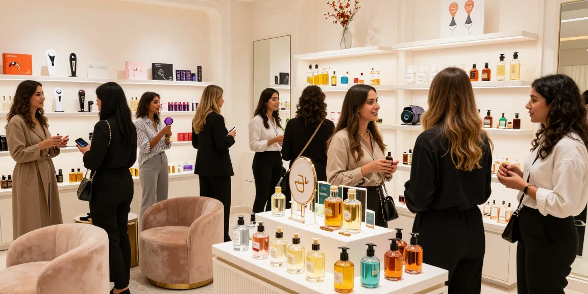 Shopping for مسك الكعبة الاصلي in a luxurious beauty boutique with diverse customers exploring high-quality fragrances.