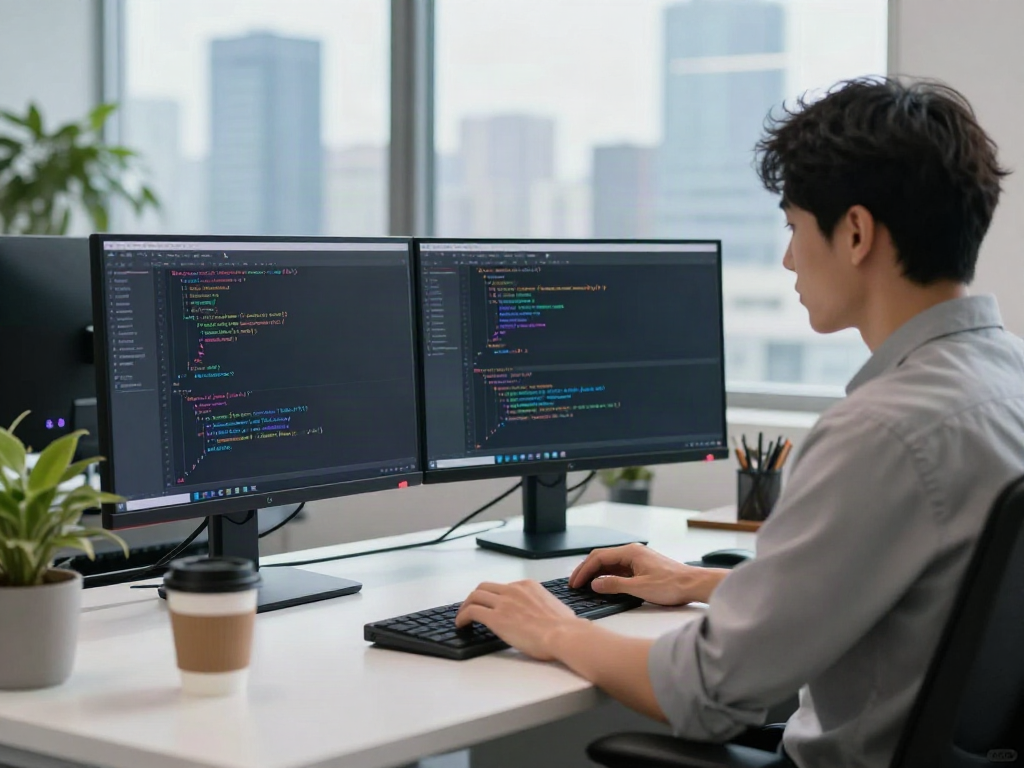 Developer using v2rayN software on dual monitors in a modern office.