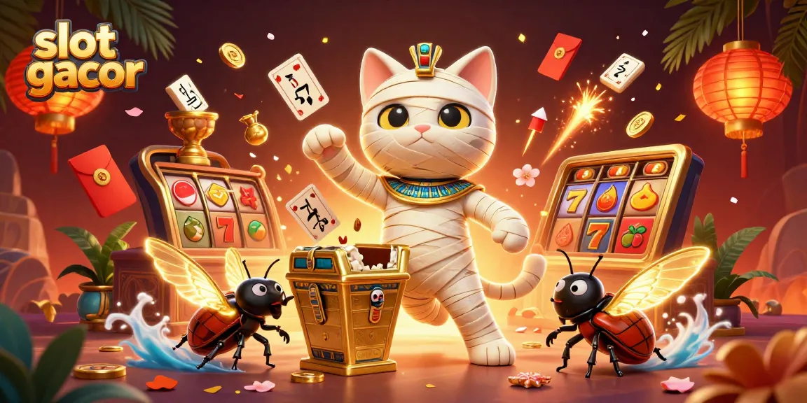 Berbagai simbol slot gacor bersinar saat kucing mumi 3D memecahkan sarcophagus di kasino pyramid.