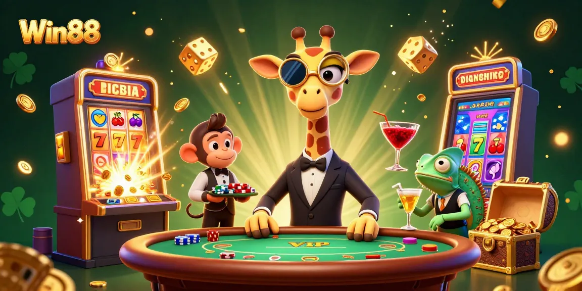 Experience thrilling gameplay with Win88 as a giraffe in a suit stands at a poker table amid rich casino elements.