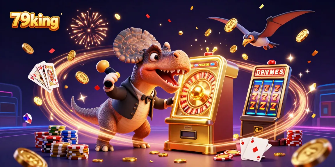 Experience excitement at 79king as a dinosaur slots scene dazzles with golden coins and dynamic gambling action.