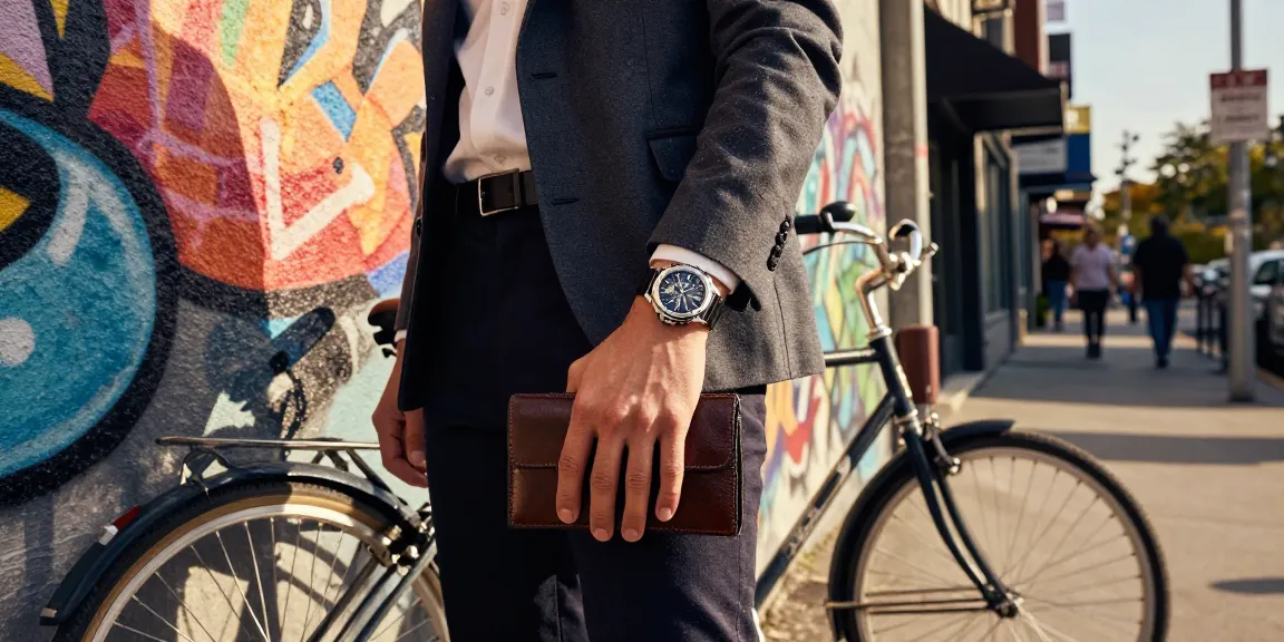 The confident individual showcasing a premium clone watch against an urban backdrop, reflecting style and sophistication.