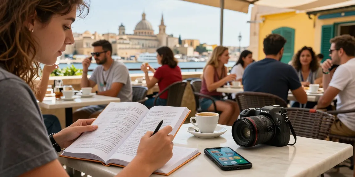 Cursos de inglés en Malta, estudiante estudiando inglés en un café con ambiente local y un vibrante fondo de ciudad.